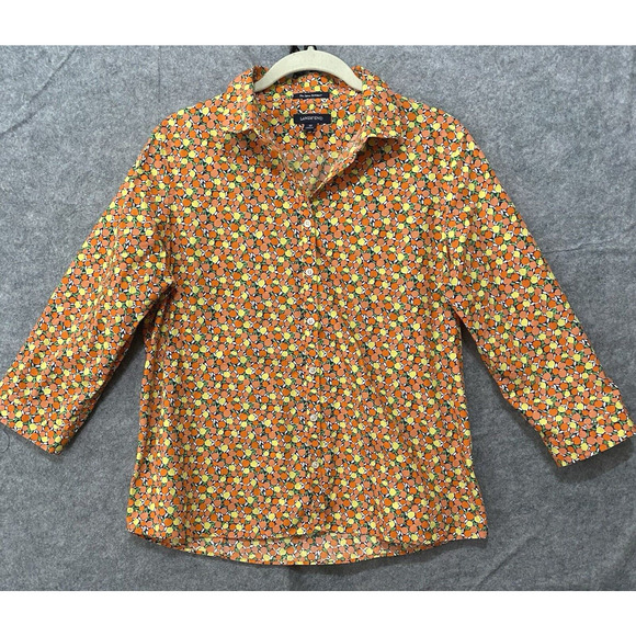 Lands End No Iron Supima Blouse Womens Sz 12 Orange Fruit‎ Button Front - Picture 1 of 7